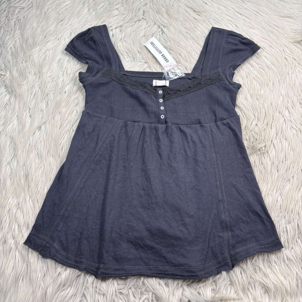 NWT BDG Women's S Gray Crochet Trim Babydoll Top Henley Y2K
